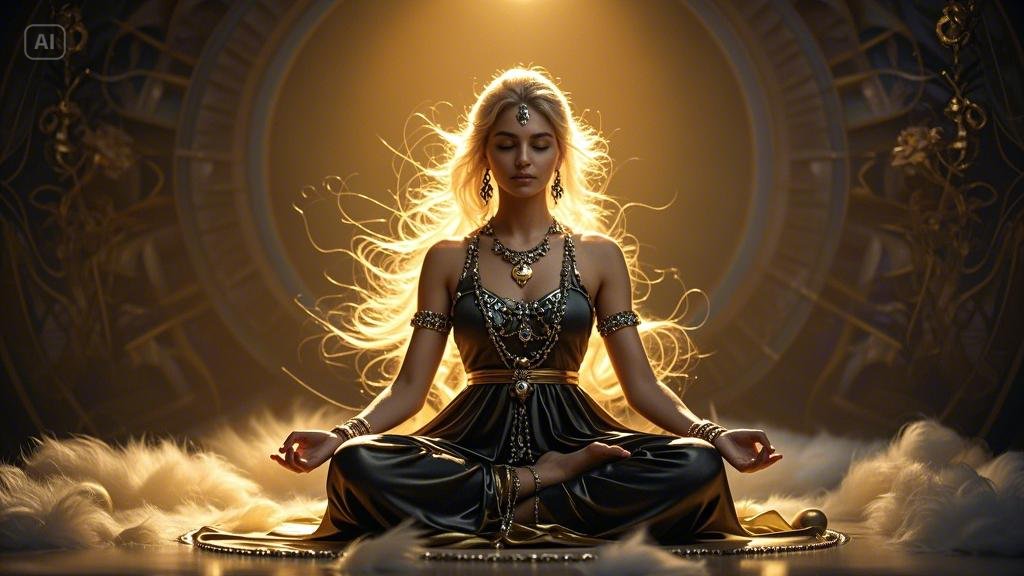 A serene woman sitting cross-legged, surrounded by soft, golden light. She has her eyes closed, radi…