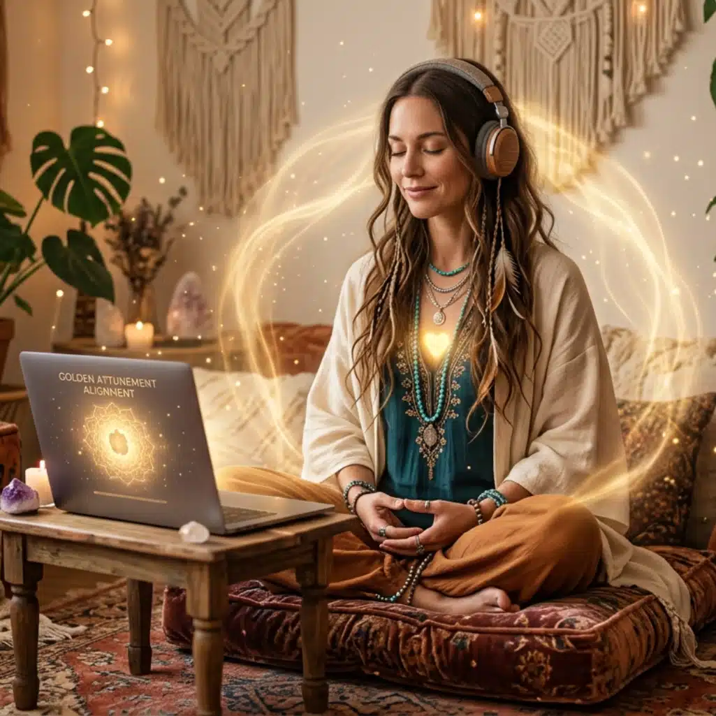 Woman receiving a Reiki attunement online while wearing headphones