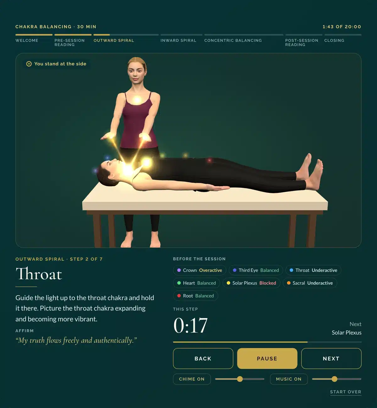 The Chakra Balancing Session Assistant during a 30 minute session, showing the practitioner figure, the before readings for each chakra, the step timer, the Back, Pause and Next buttons, and the chime and music controls