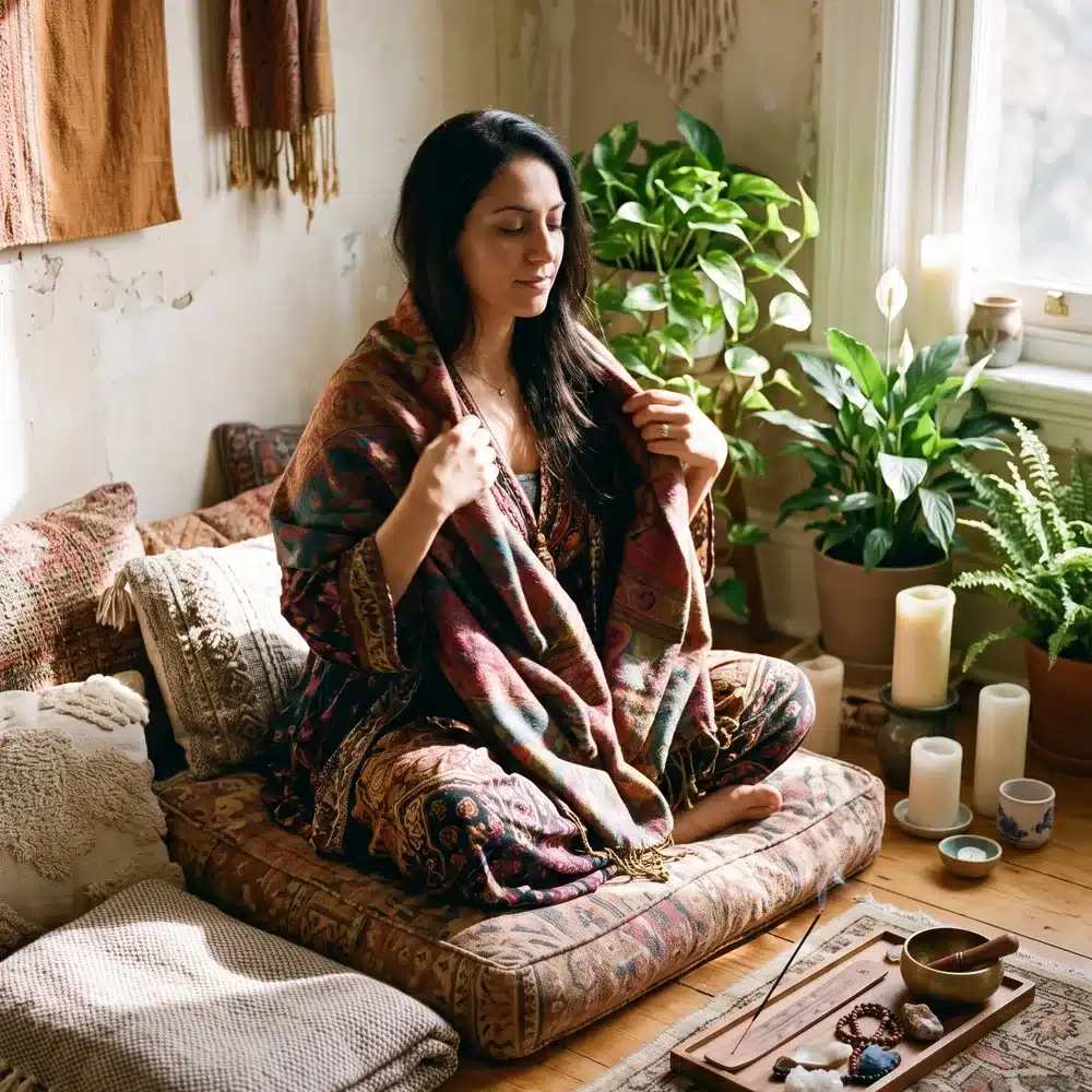 A woman settling into meditation in a warm, plant-filled room