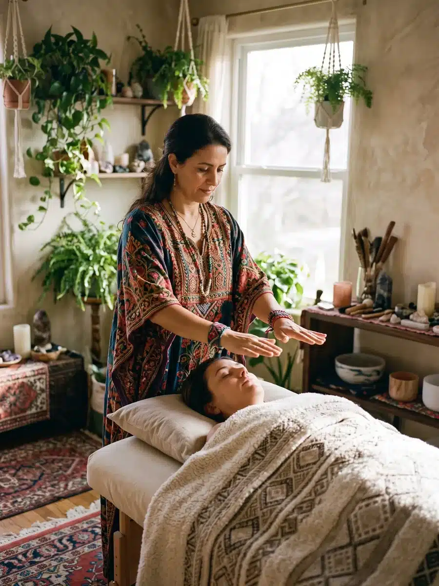 An energy healer working with a client during a healing session